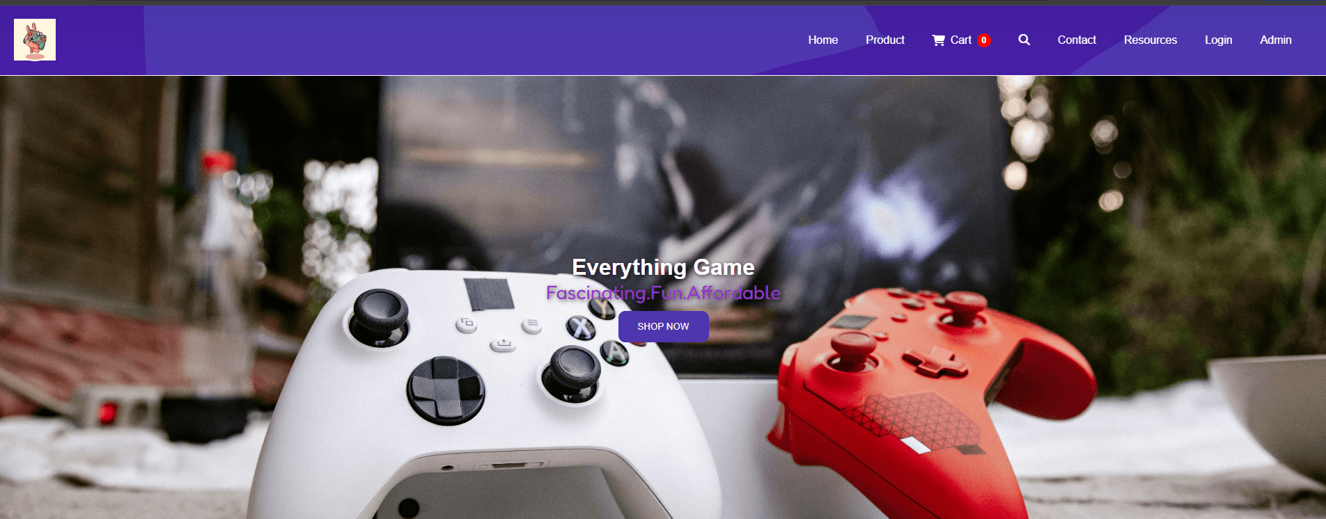 Padfect Store home page: a purple navigation bar with Home, Product, Cart, Search, Contact, Resources, Login and Admin links, above a photo of a white game controller on a bowl of tortilla chips, with the heading “Everything Game”, the tagline “Fascinating. Fun. Affordable.” and a Shop Now button.