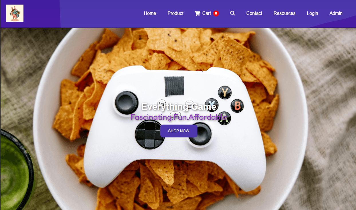 GPadfect Store home page: a purple navigation bar with Home, Product, Cart, Search, Contact, Resources, Login and Admin links, above a photo of a white game controller on a bowl of tortilla chips, with the heading “Everything Game”, the tagline “Fascinating. Fun. Affordable.” and a Shop Now button.