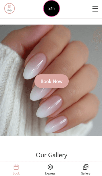 Infinisculpt home page: a navigation bar with the IS Sculpt logo, a 24-hour badge and Book, Express, Gallery and Find Us links, above a large nail-polish bottle image with the heading “Enhance Your Natural Beauty”, the line “Premium nail, lash and beauty treatments tailored just for you” and a Book Now button.