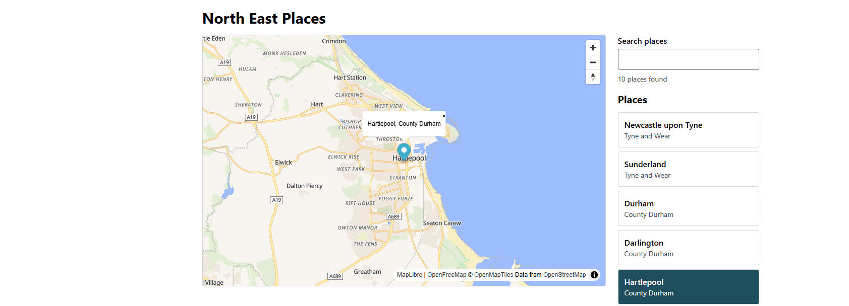 North East Places: a street map zoomed in on Hartlepool with its popup open, beside a search box showing 10 places found and Hartlepool highlighted in the list.