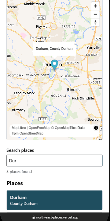North East Places: a street map zoomed in on Hartlepool with its popup open, beside a search box showing 10 places found and Hartlepool highlighted in the list.